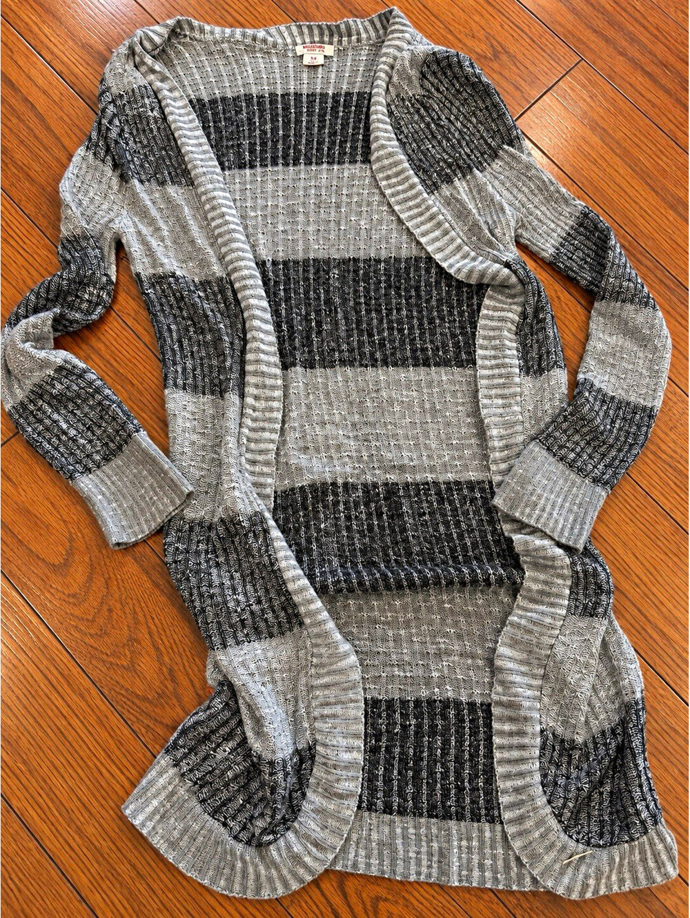 Women’s Size Small Gray Black Striped Knit Open Front LS Cardigan